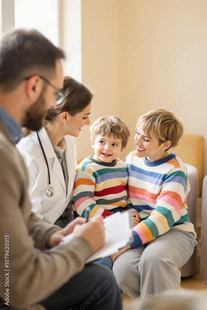 Pediatric Consultation: Doctor Discussing Health with Smiling Child and Parents in a Cozy Clinic Setting Pediatric Consultation: Doctor Discussing Health with Smiling Child and Parents in a Cozy Clinic Setting