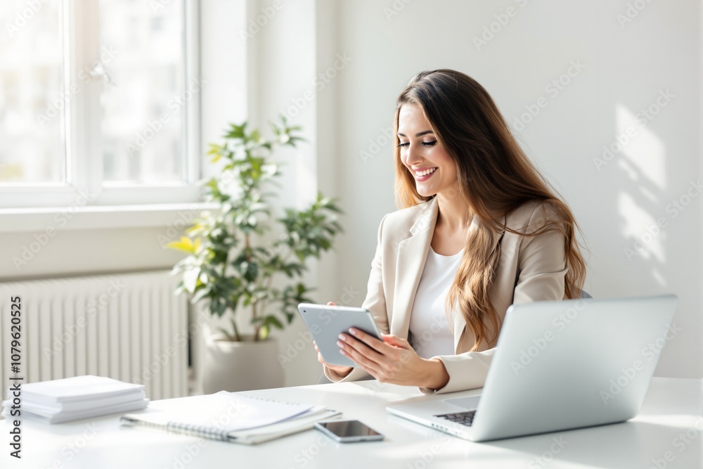 Smiling Businesswoman Working on Tablet in Modern Office Environment