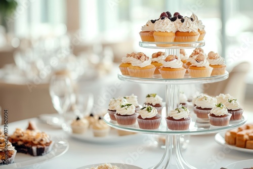 Tiered glass serving plates with assorted cupcakes, some topped with fresh berries with white frosting and chocolate frosting, were placed on the table along with other desserts.