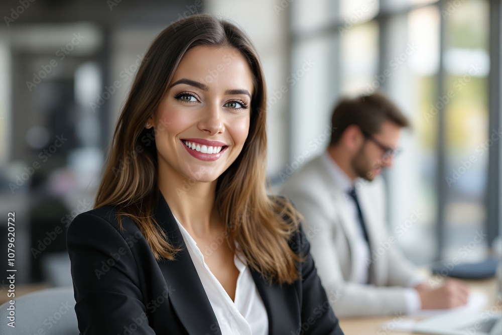 Obraz premium Professional Young Businesswoman Smiling in Modern Office Environment with Colleague in Background