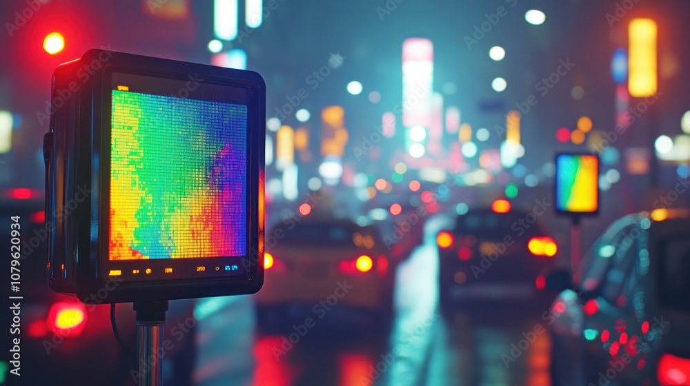 Night city scene with traffic and illuminated displays, featuring a thermal imaging monitor. Night city scene with traffic and illuminated displays, featuring a thermal imaging monitor.