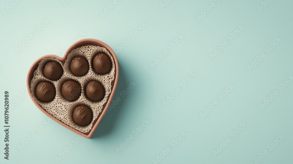 Romantic-themed candy mockup featuring chocolate truffles in a heart-shaped box with delicate lace details Romantic-themed candy mockup featuring chocolate truffles in a heart-shaped box with delicate lace details