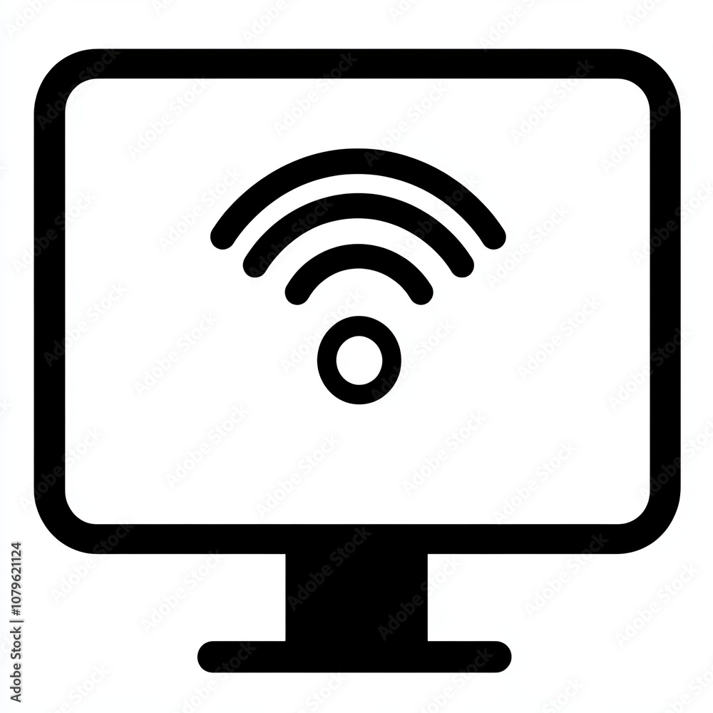 The design showcases a black and white icon depicting a computer screen displaying a wireless signal symbol, set against a white background The design showcases a black and white icon depicting a computer screen displaying a wireless signal symbol, set against a white background