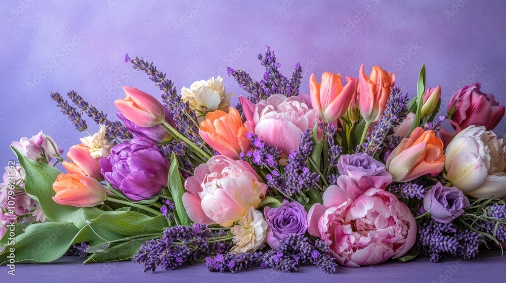 Vibrant spring bouquet featuring tulips peonies and lavender in lively pink purple and orange shades set against a gentle purple backdrop Vibrant spring bouquet featuring tulips peonies and lavender in lively pink purple and orange shades set against a gentle purple backdrop