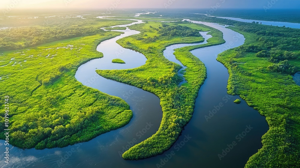 Aerial perspective of a vibrant river delta featuring rich green flora and meandering water channels Aerial perspective of a vibrant river delta featuring rich green flora and meandering water channels