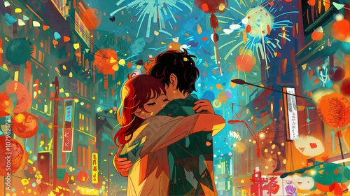 Asian Loving Couple Hugging outdoors Amid New Year's Eve Festivities