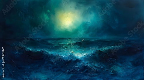 A painting of a dark blue ocean with a bright yellow moon in the sky