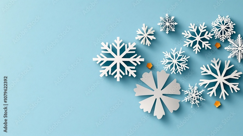 Beautiful flat design of various intricate snowflake shapes arranged in a serene minimalist pattern over a soft blue background perfect for holiday themed designs digital art Beautiful flat design of various intricate snowflake shapes arranged in a serene minimalist pattern over a soft blue background perfect for holiday themed designs digital art