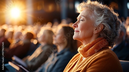 Congregation of people singing hymns and worshiping on Easter morning with warm sunlight streaming through the stained glass windows of the church interior creating a sacred celebratory atmosphere