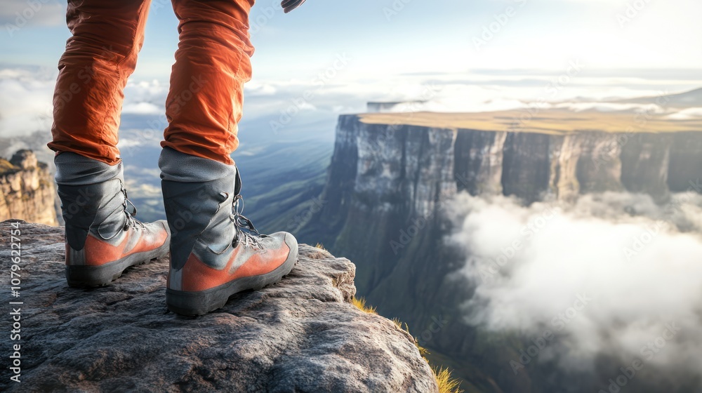 Hiking boots on cliff edge overlooking clouds Hiking boots on cliff edge overlooking clouds