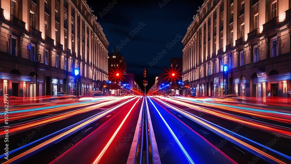 Obraz premium Long-exposure night photo of a bustling city street, with illuminated buildings and colorful light streaks, conveying urban energy and vibrant nightlife.