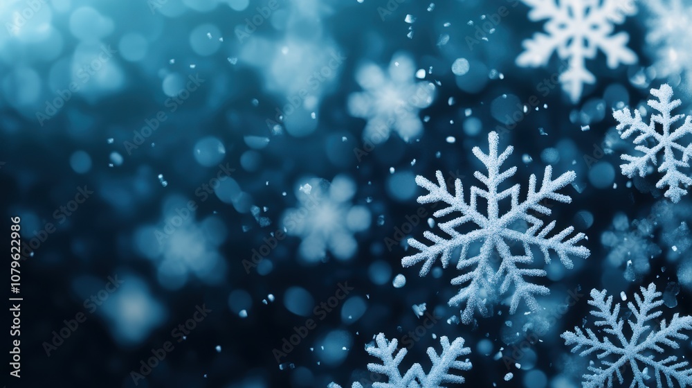 Close-up of delicate snowflakes falling against a soft, blurred blue background, capturing the beauty of winter, with copy space Close-up of delicate snowflakes falling against a soft, blurred blue background, capturing the beauty of winter, with copy space