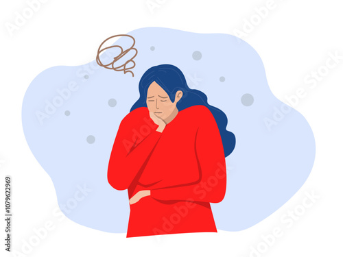 irritated frustrated sad woman feeling tired worried about problem  character standing touching cheek. Vector Illustration.