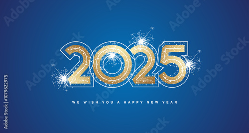 We wish you Happy New Year 2025 modern golden trendy bold design numbers with line neon numbers over and glitter sparkle firework abstract golden white blue greeting card