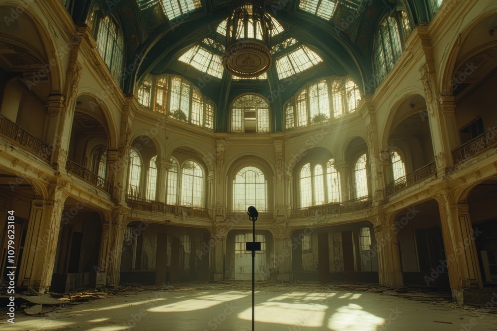 Obraz premium A sunlit, abandoned hall with tall windows and a central microphone on a pedestal.