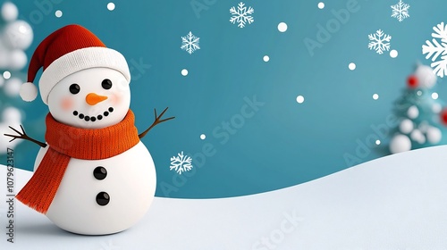 Charming flat of a snowman character wearing a red scarf and hat surrounded by falling snowflakes against a soft blue background  This winter themed image is perfect for holiday greeting cards photo