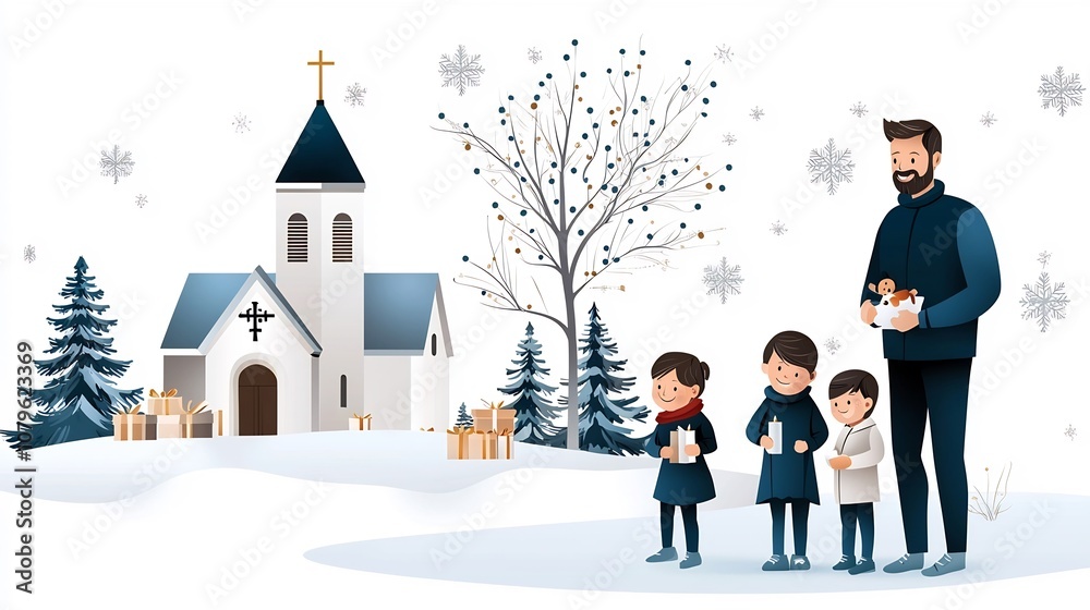 Fototapeta premium Festive family attending traditional Christmas Eve mass at a decorated church in a snowy winter landscape with evergreen trees candles and a joyous atmosphere during the holiday season