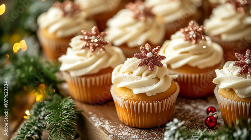 Festive holiday cupcakes decorated with sparkling star shaped toppers and creamy frosting, surrounded by Christmas greenery and warm bokeh lights. Concept of holiday treats, celebration, and desserts.