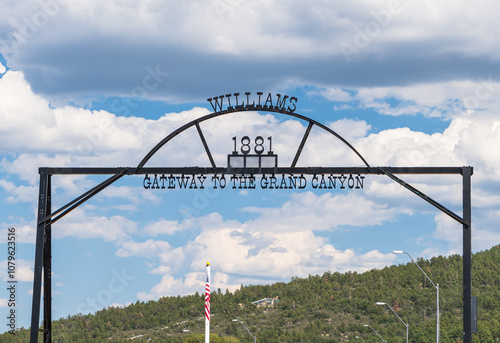 The Williams, Arizona, USA town sign with 1881 and Gateway to the Grand Canyon seen upon entering town on a sunny summer day