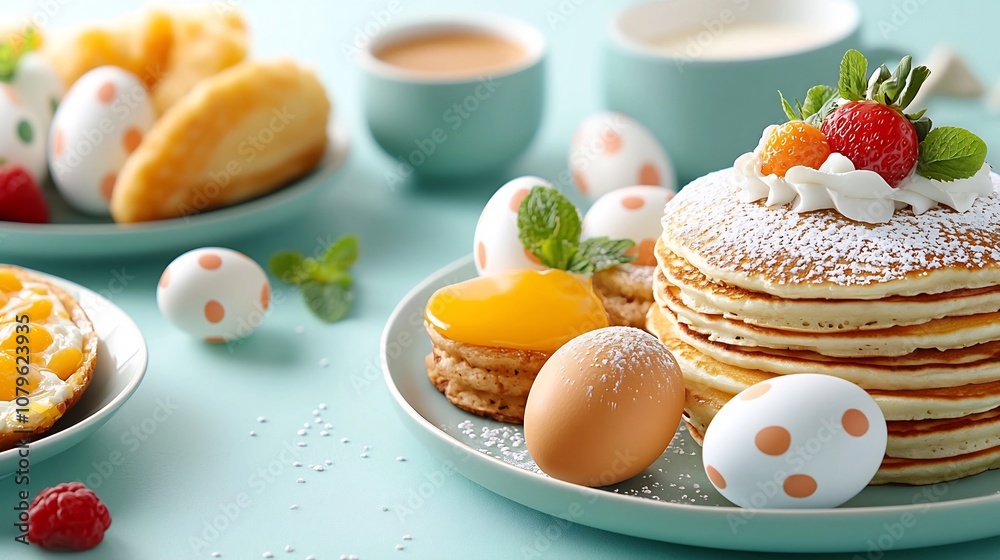 Obraz premium Flat design showcasing a vibrant and inviting Easter brunch spread featuring a variety of delectable dishes such as stacks of fluffy pancakes an assortment of colorful pastries fresh fruits