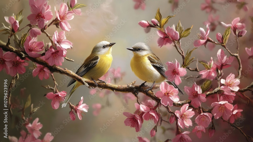 Yellow and white birds perched on a tree branch adorned with pink blossoms in spring Yellow and white birds perched on a tree branch adorned with pink blossoms in spring