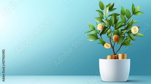 Flat of a money tree growing from a pot with gold coins on branches symbolizing investment and wealth in a bright vibrant style