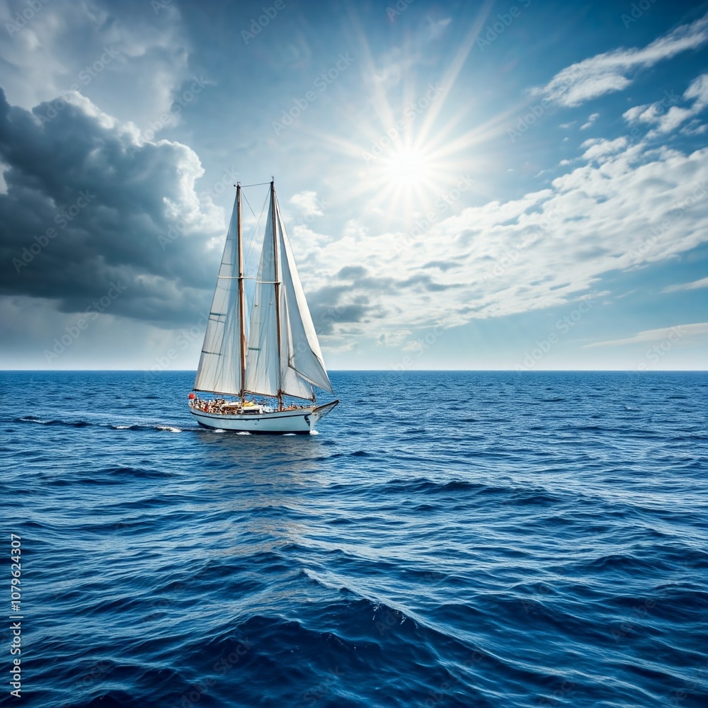 Obraz premium Sailing Ship on Blue Ocean Under Bright Sky with Shining Sun