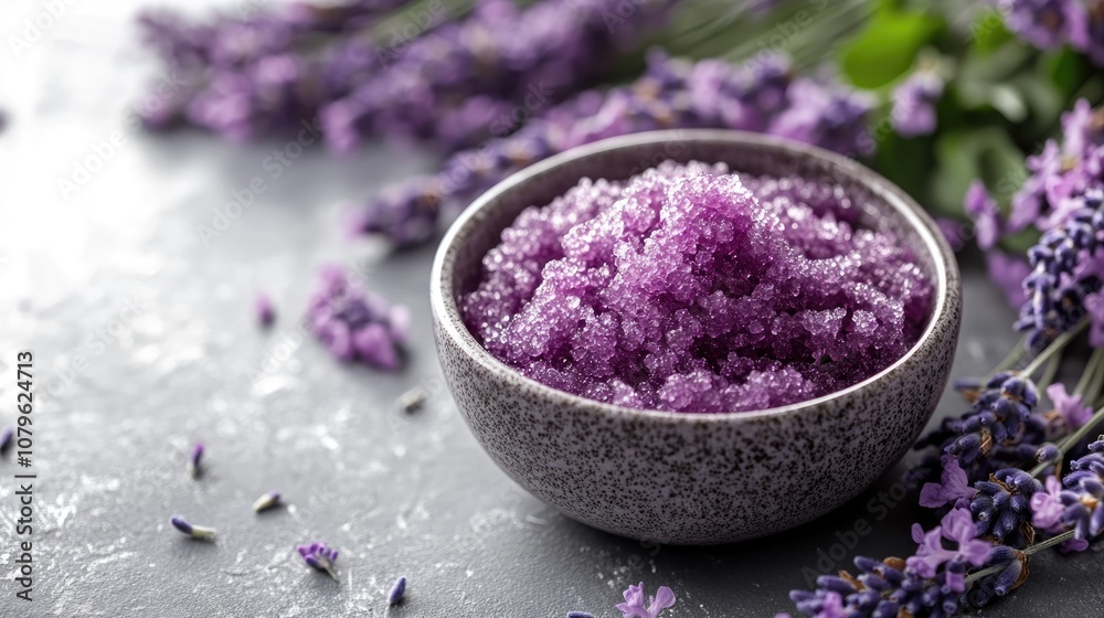 Close up of a bowl of lavender sugar scrub surrounded by fresh lavender blooms on a table offering plenty of blank space for text Close up of a bowl of lavender sugar scrub surrounded by fresh lavender blooms on a table offering plenty of blank space for text