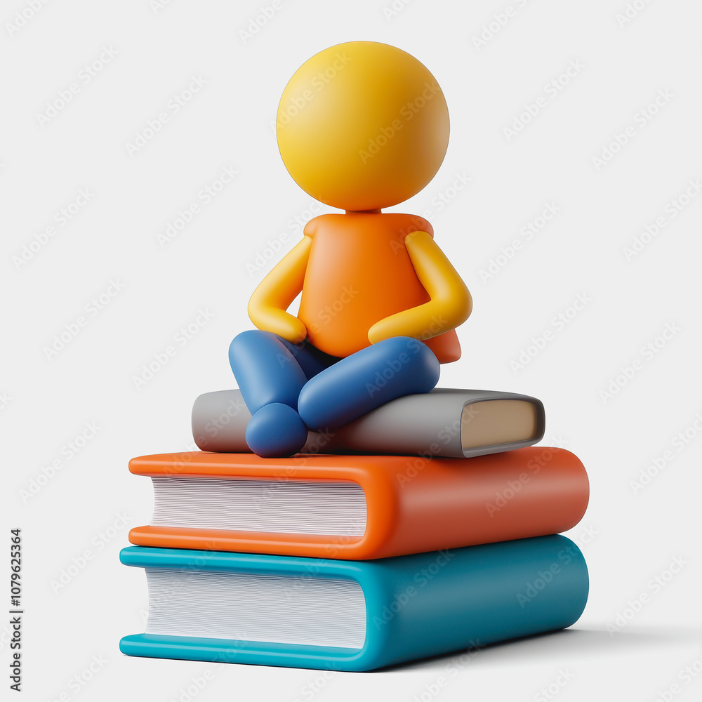 Colorful Character Sitting on Stacked Books in a Minimalistic Style with a Light Background, Perfect for Education and Learning Themes Colorful Character Sitting on Stacked Books in a Minimalistic Style with a Light Background, Perfect for Education and Learning Themes
