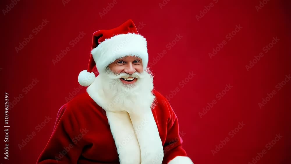 Santa Claus joyfully doing a victory sign and dancing against a vibrant red background, capturing the festive, playful spirit of the Christmas season Santa Claus joyfully doing a victory sign and dancing against a vibrant red background, capturing the festive, playful spirit of the Christmas season