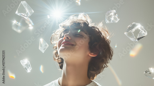 A person's laughter materializing as floating crystal prisms photo