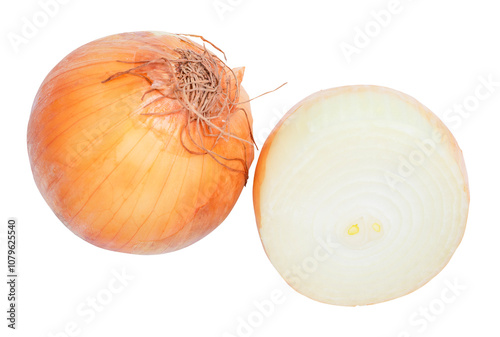 Onions with slice isolated on white background. photo