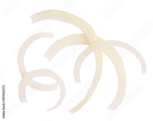 Top view large onion slice into strips on white background
