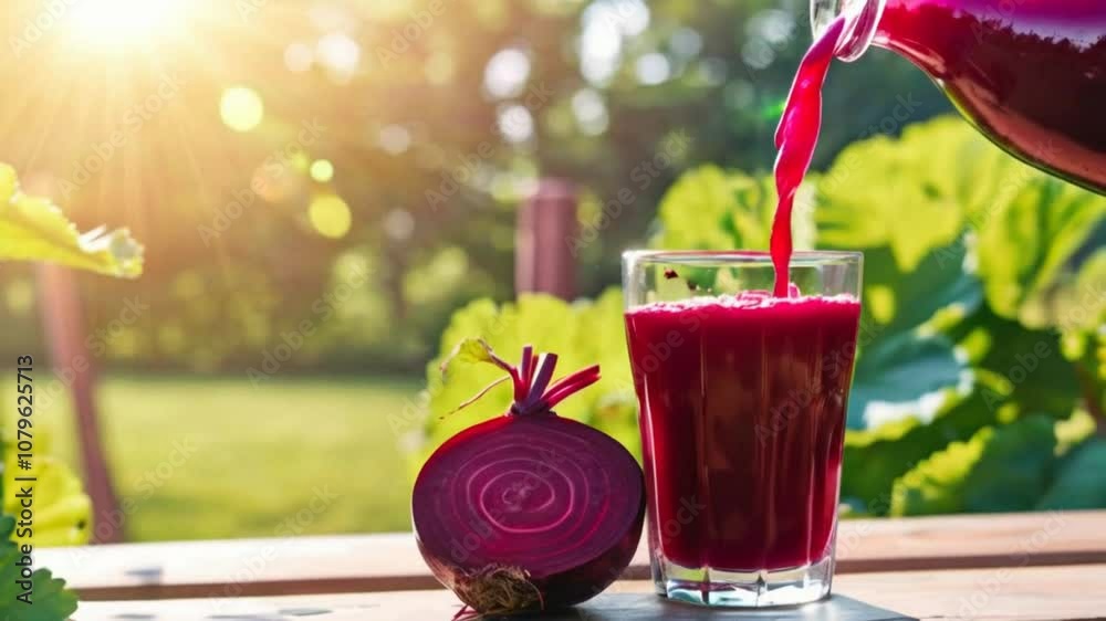 Beetroot juice pours in a glass on a farm. Beetroot juice is a vibrant, earthy, and sweet beverage packed with vitamins, minerals, and antioxidants, known for its numerous health benefits. 