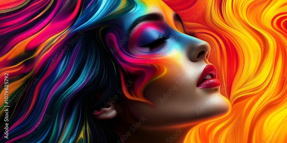 A woman's face is shown in a colorful, abstract style A woman's face is shown in a colorful, abstract style