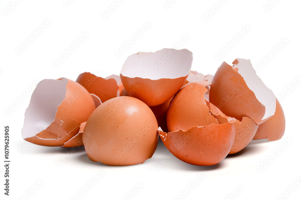 Top view broken eggshells stacked on white background. Top view broken eggshells stacked on white background.