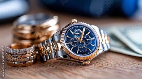 Meticulously arranged luxury items like high end watches gold rings and stacks of currency create a visually captivating display of wealth success and affluence photo