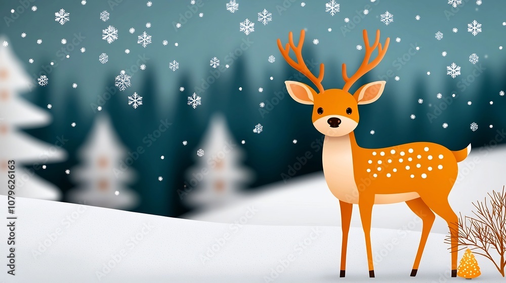 Cute and whimsical of a deer silhouette standing in a snowy forest landscape with falling snowflakes creating a serene and festive winter wildlife scene Cute and whimsical of a deer silhouette standing in a snowy forest landscape with falling snowflakes creating a serene and festive winter wildlife scene