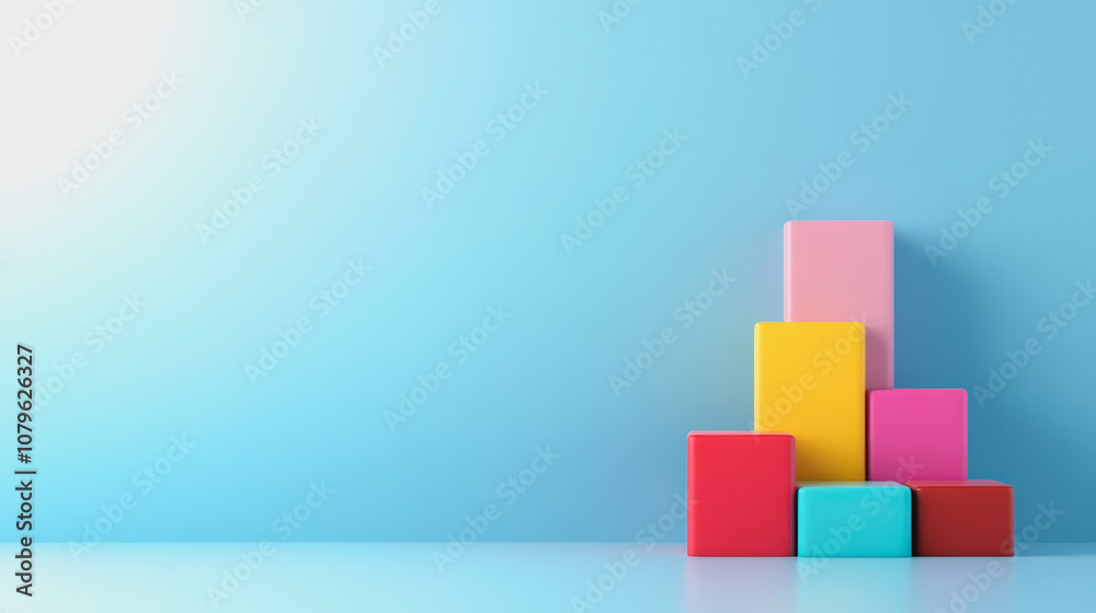 Colorful geometric blocks arranged in an artistic pattern against a soft blue background, perfect for children's educational content or playful designs. Colorful geometric blocks arranged in an artistic pattern against a soft blue background, perfect for children's educational content or playful designs.