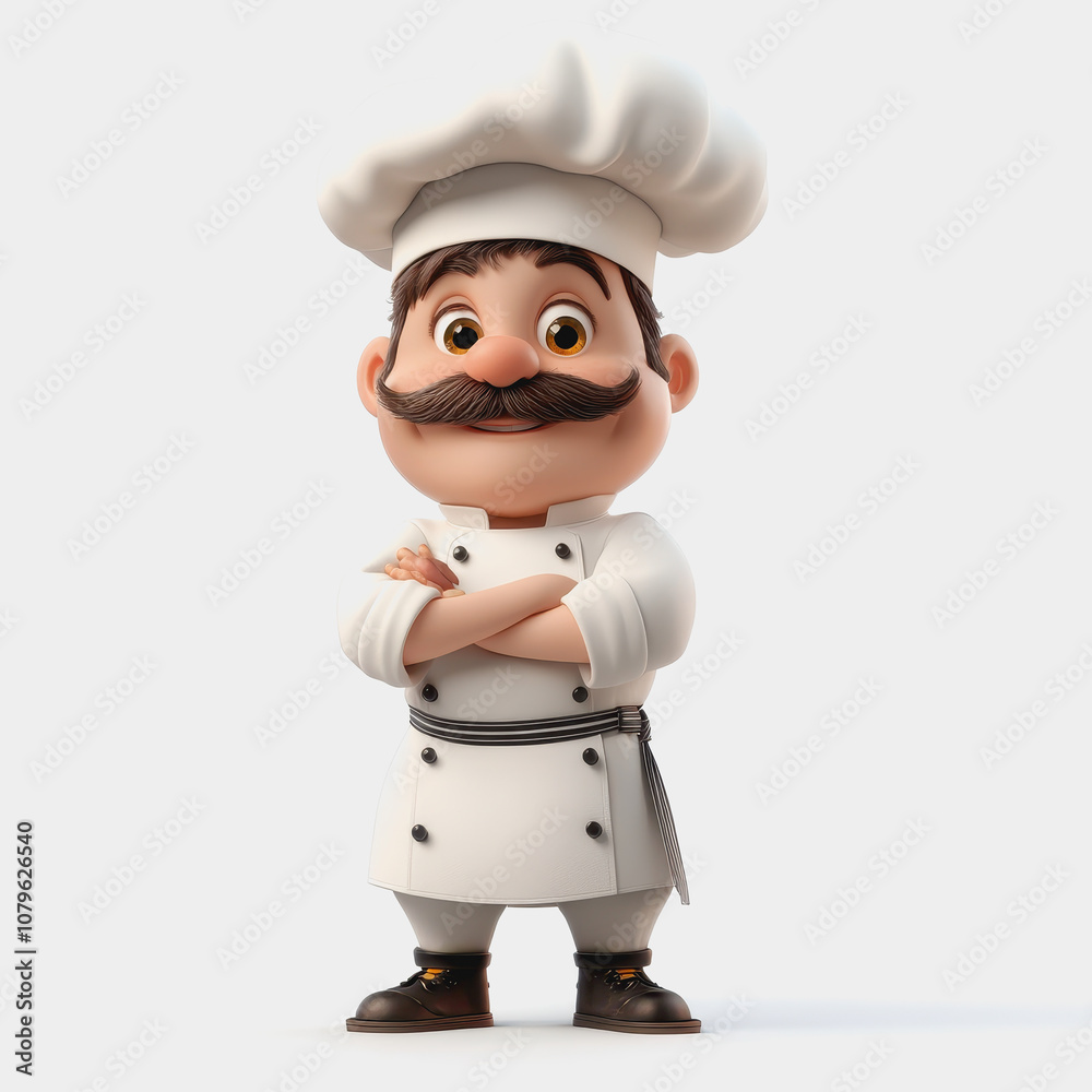 Cartoon chef character with a mustache wearing a traditional white uniform and chef hat, posing confidently with arms crossed, isolated on light background for culinary themes Cartoon chef character with a mustache wearing a traditional white uniform and chef hat, posing confidently with arms crossed, isolated on light background for culinary themes