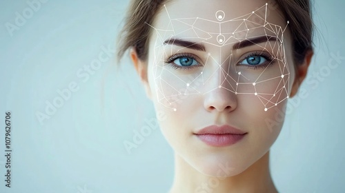 Digital biometric face recognition and identity concept featuring a human face with a futuristic grid pattern overlay representing advanced technology security and authentication in the digital age