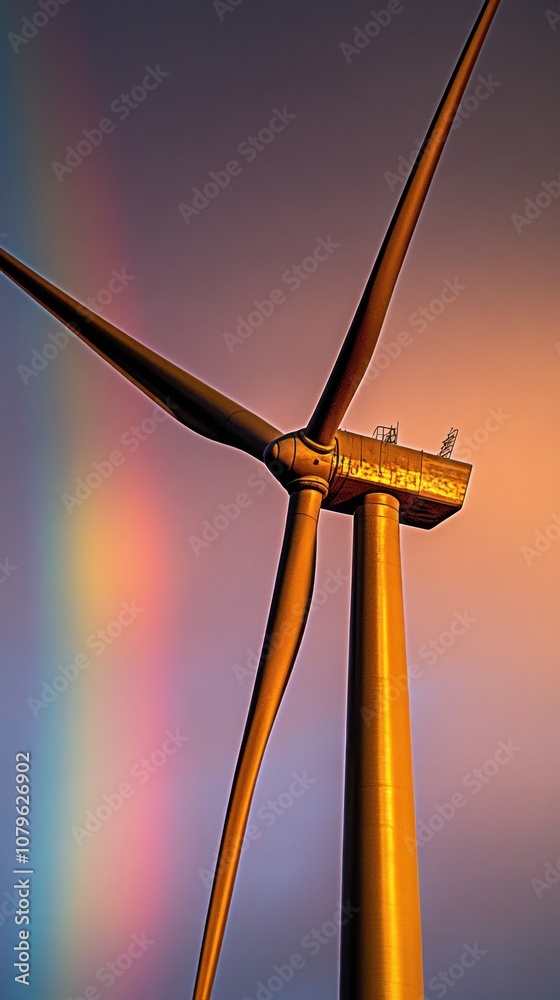 Naklejka premium A wind turbine against a colorful sky, showcasing renewable energy and natural beauty.