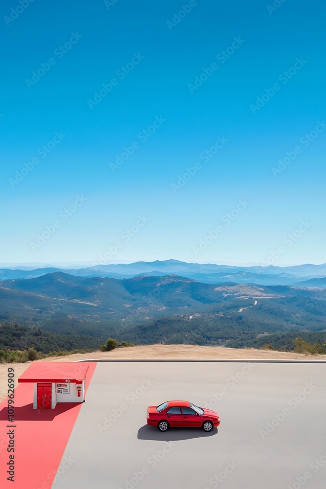 Naklejka premium Red Car at Scenic Overlook with Clear Blue Sky