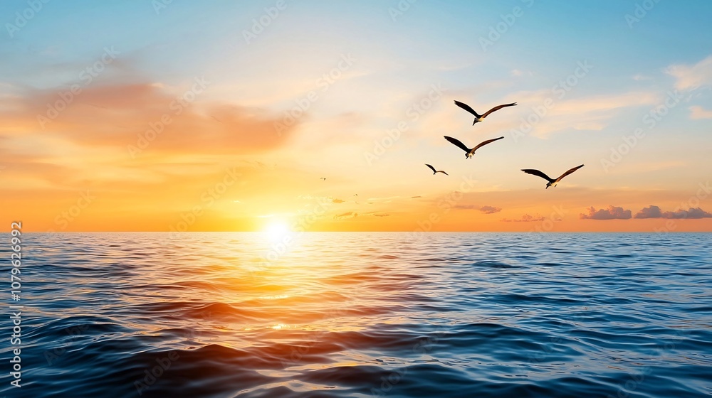 Fototapeta premium Serene sunrise over the calm ocean horizon with silhouetted birds soaring towards the glowing light symbolizing freedom new journeys and hope for the future A minimalist