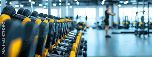 Modern Gym with Dumbbells and Person Working Out photo