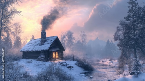 A snowy cabin with smoke from the chimney, in a peaceful forest