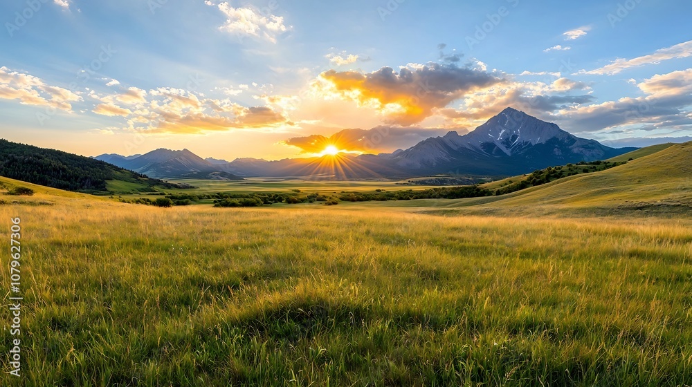 Obraz premium Stunning mountain landscape at sunrise with warm golden light breaking through dramatic clouds symbolizing hope and new beginnings for a fresh start Serene and peaceful rural outdoor scene