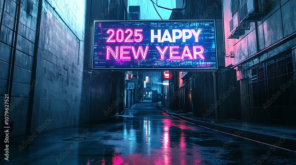 A futuristic digital screen embedded in a dark city alley, displaying 