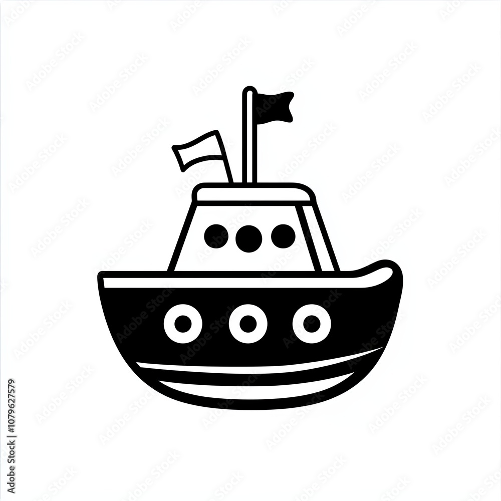 This black and white icon features a stylized toy boat with flag details and circular accents, designed to evoke a sense of joy and childhood memories
