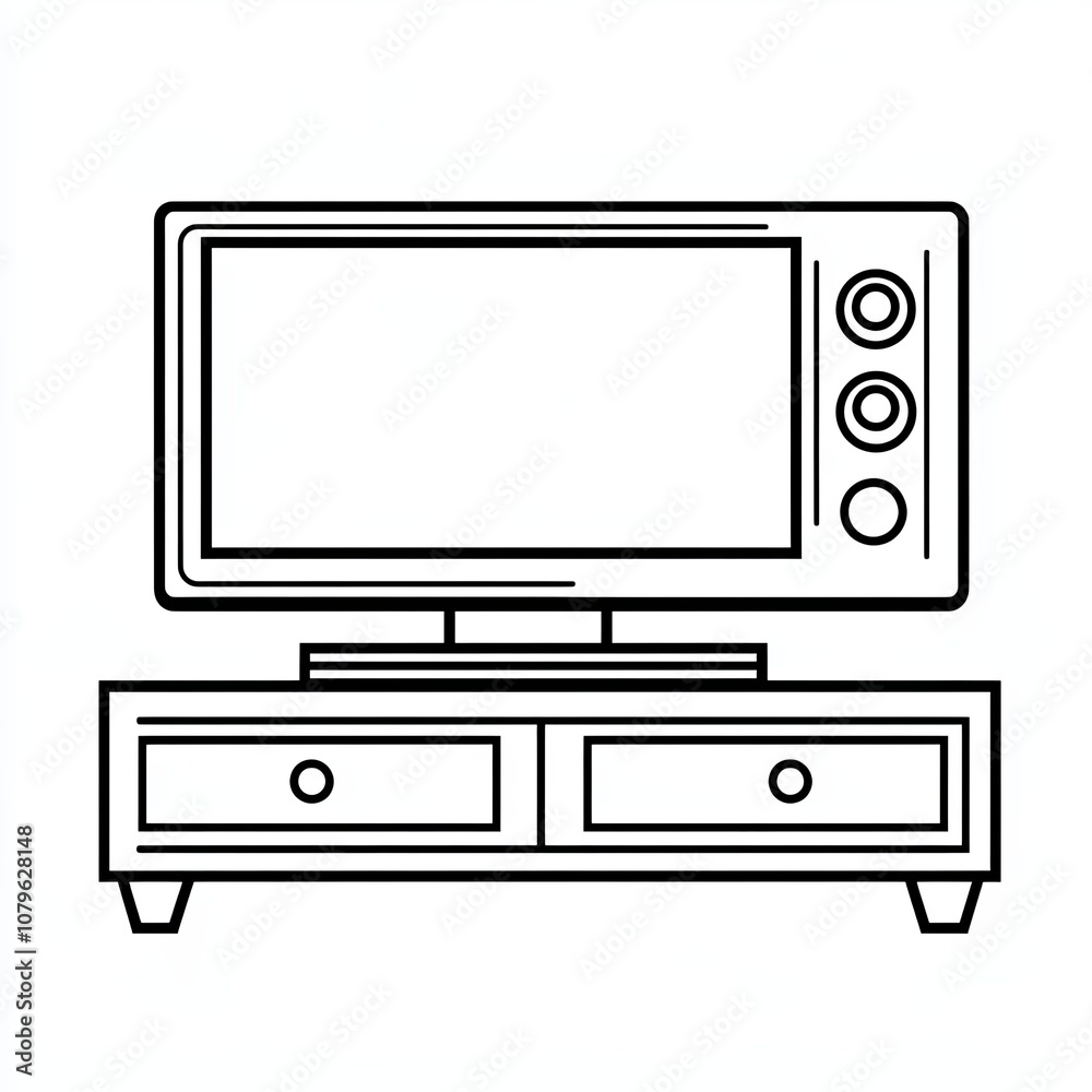 This design features a minimalist line art icon representing a TV stand with a flat-screen TV on top and two storage drawers, presented on a white backdrop This design features a minimalist line art icon representing a TV stand with a flat-screen TV on top and two storage drawers, presented on a white backdrop